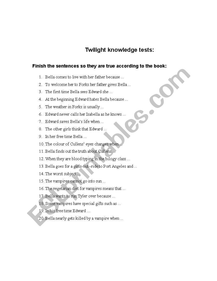 Twilight knowledge test worksheet