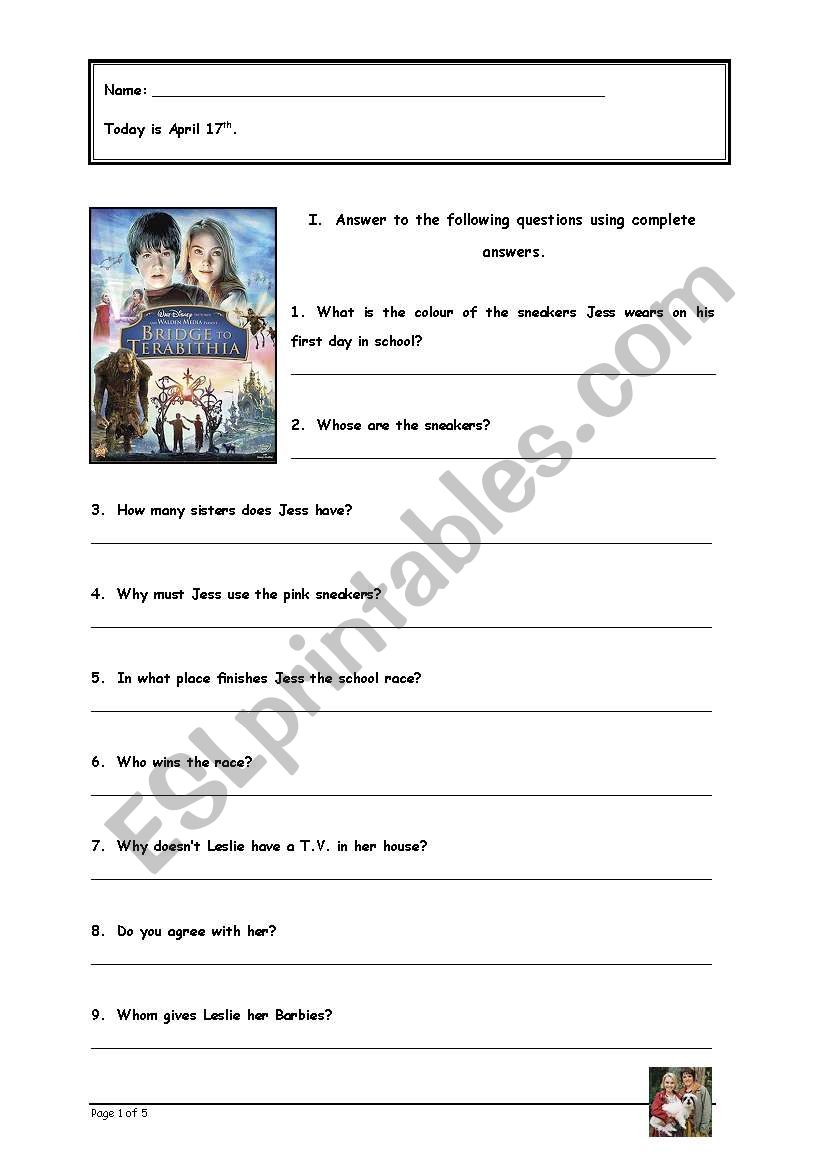 English Worksheets Movie Bridge To Terabithia