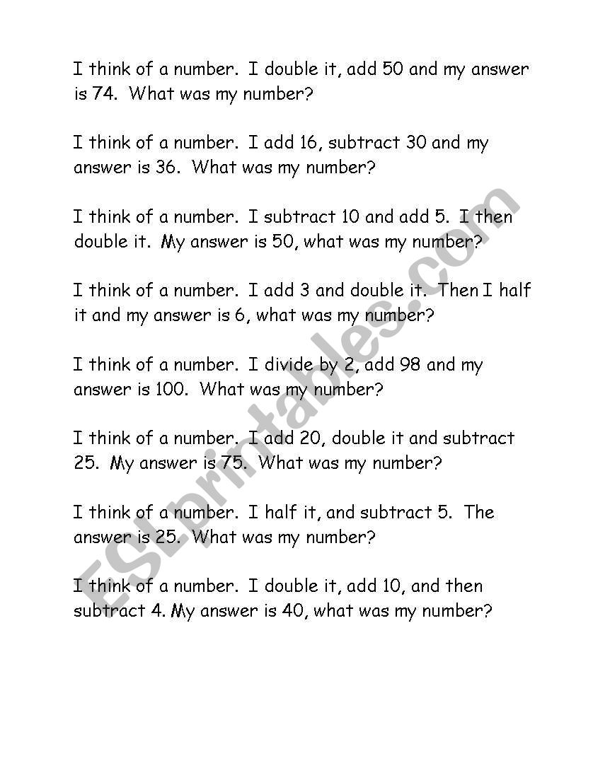 I think of a number - inverse worksheet