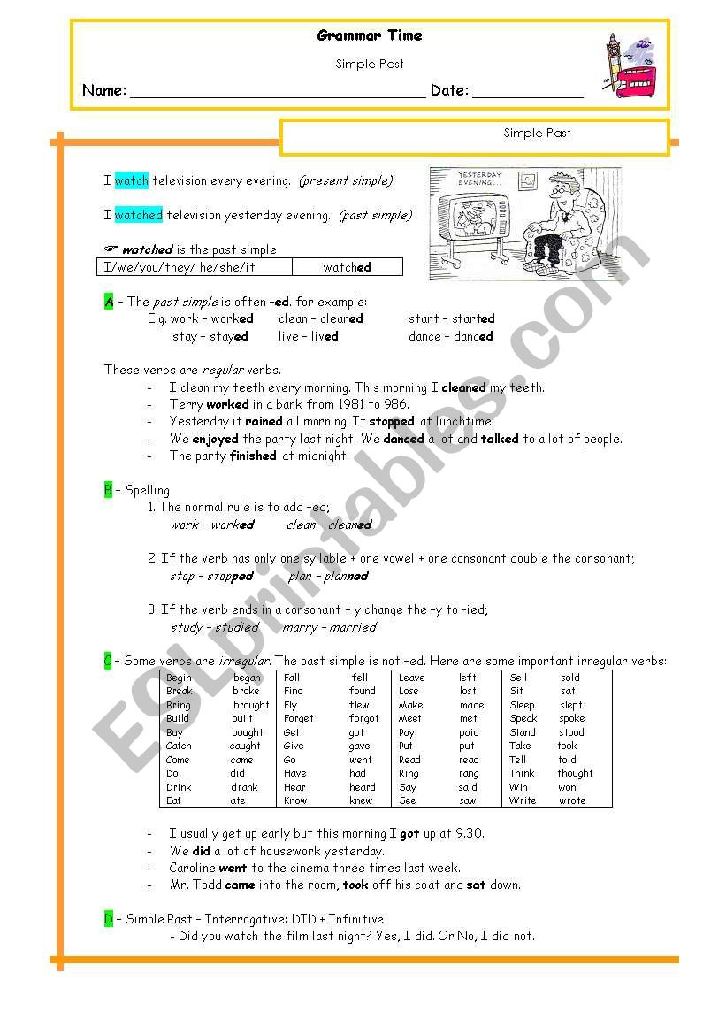 Simple Past Revision Handout worksheet