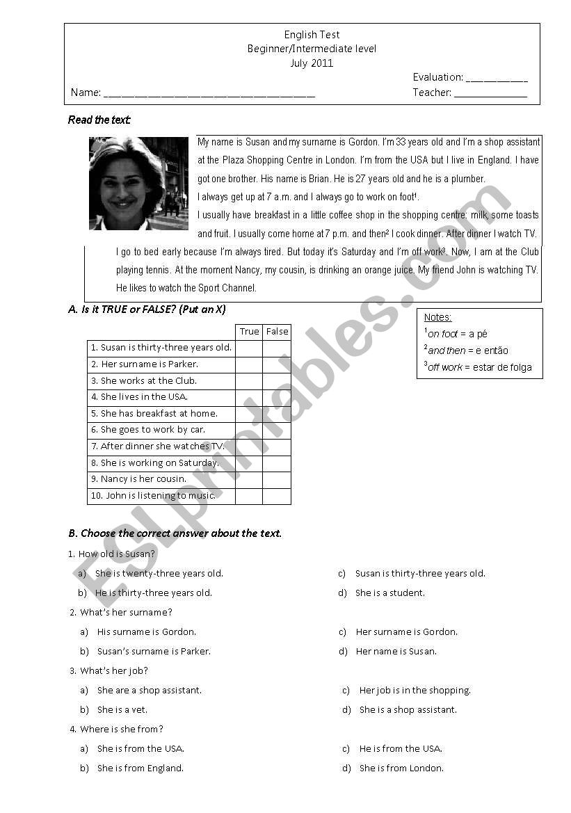 English test worksheet