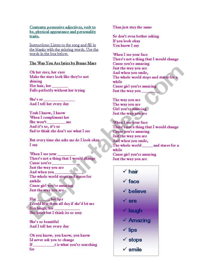 Lyrics: Just the Way you are by Bruno Mars