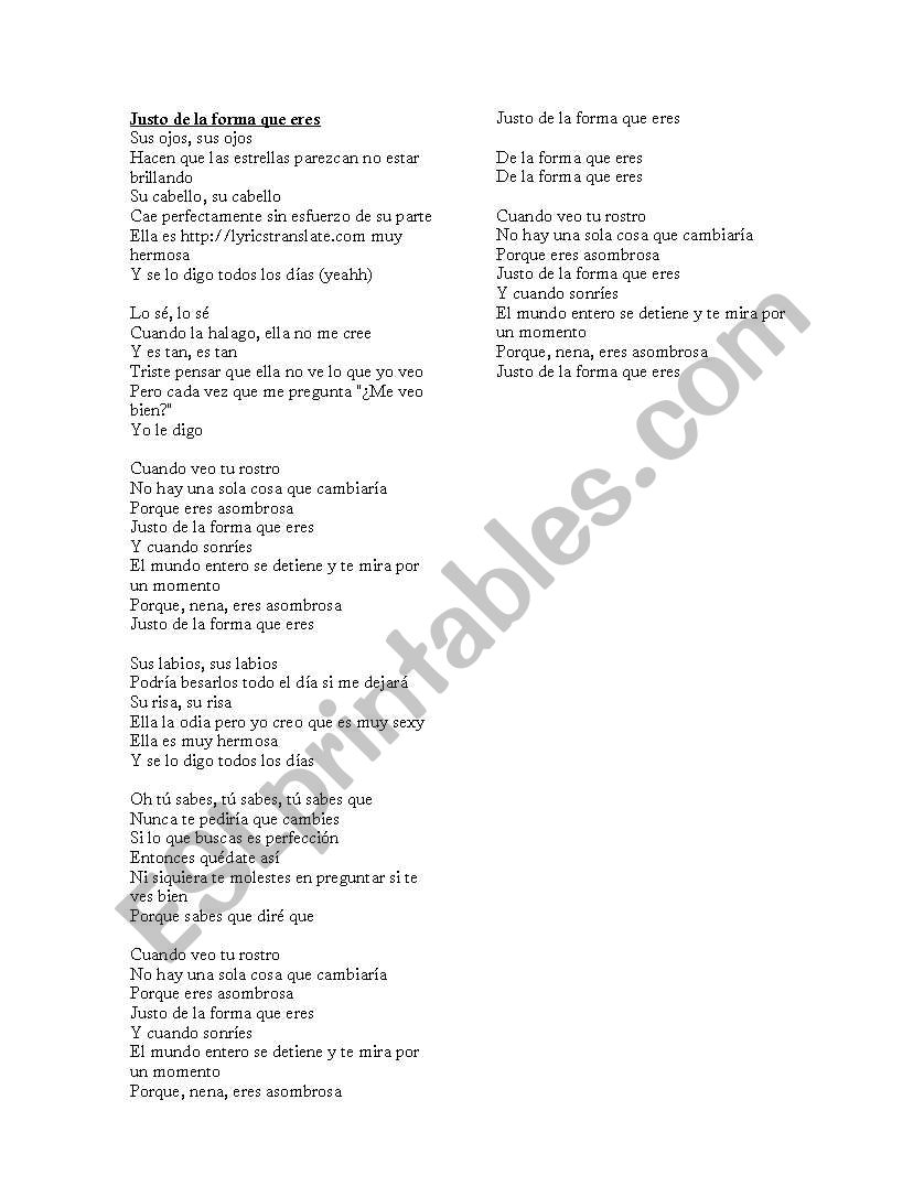 Lyrics Just The Way You Are By Bruno Mars Esl Worksheet By