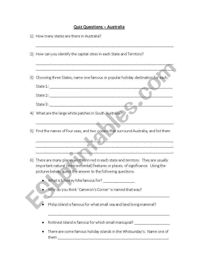 Australia Quiz and Holiday Planning Outline