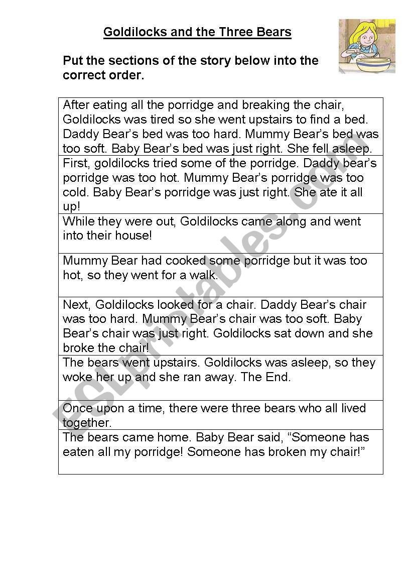 Goldilocks mixed up story  worksheet