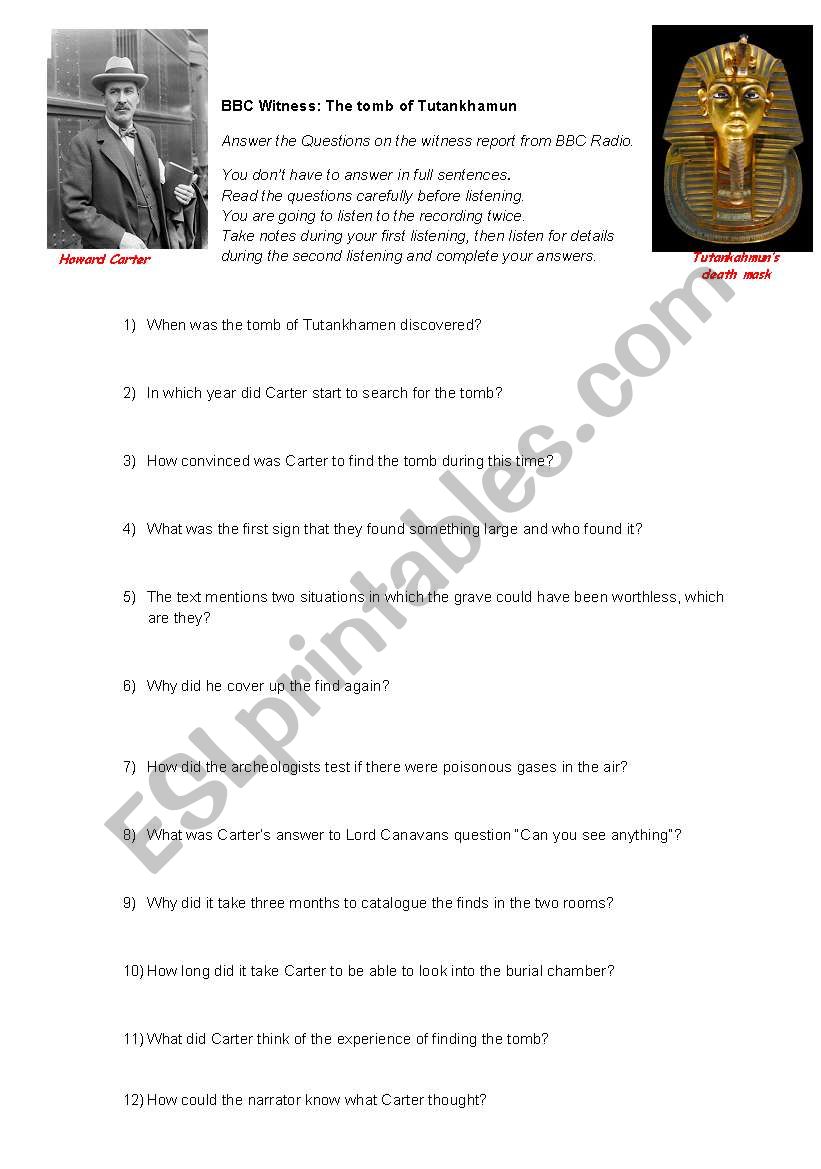 The Tomb of Tutanchamun  worksheet