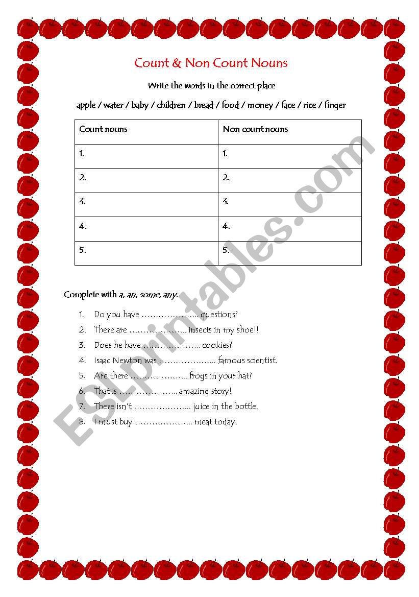 Count and Non count nouns worksheet