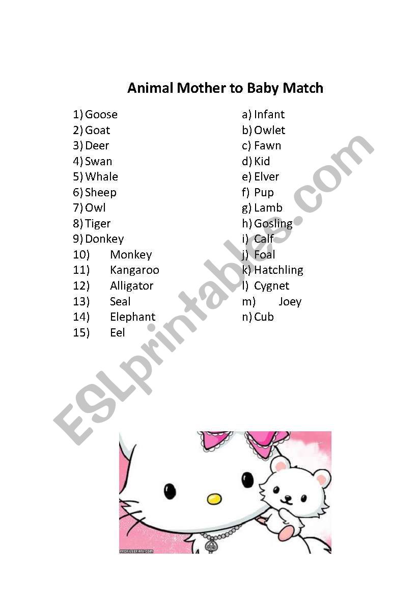Animals Mother to Baby Match worksheet