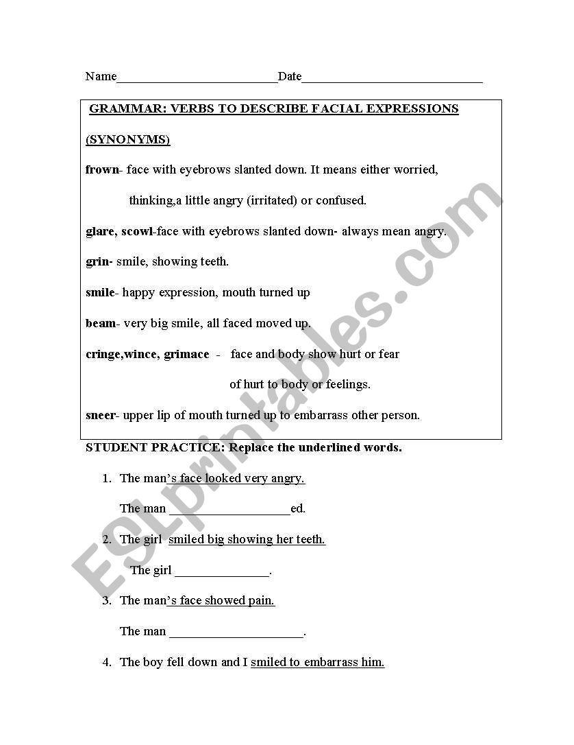 Verb Synonyms for Facial lExpression