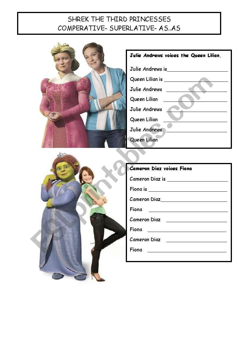 SHREK THE THIRD PRINCESSES comperative- superlative- as..as worksheet