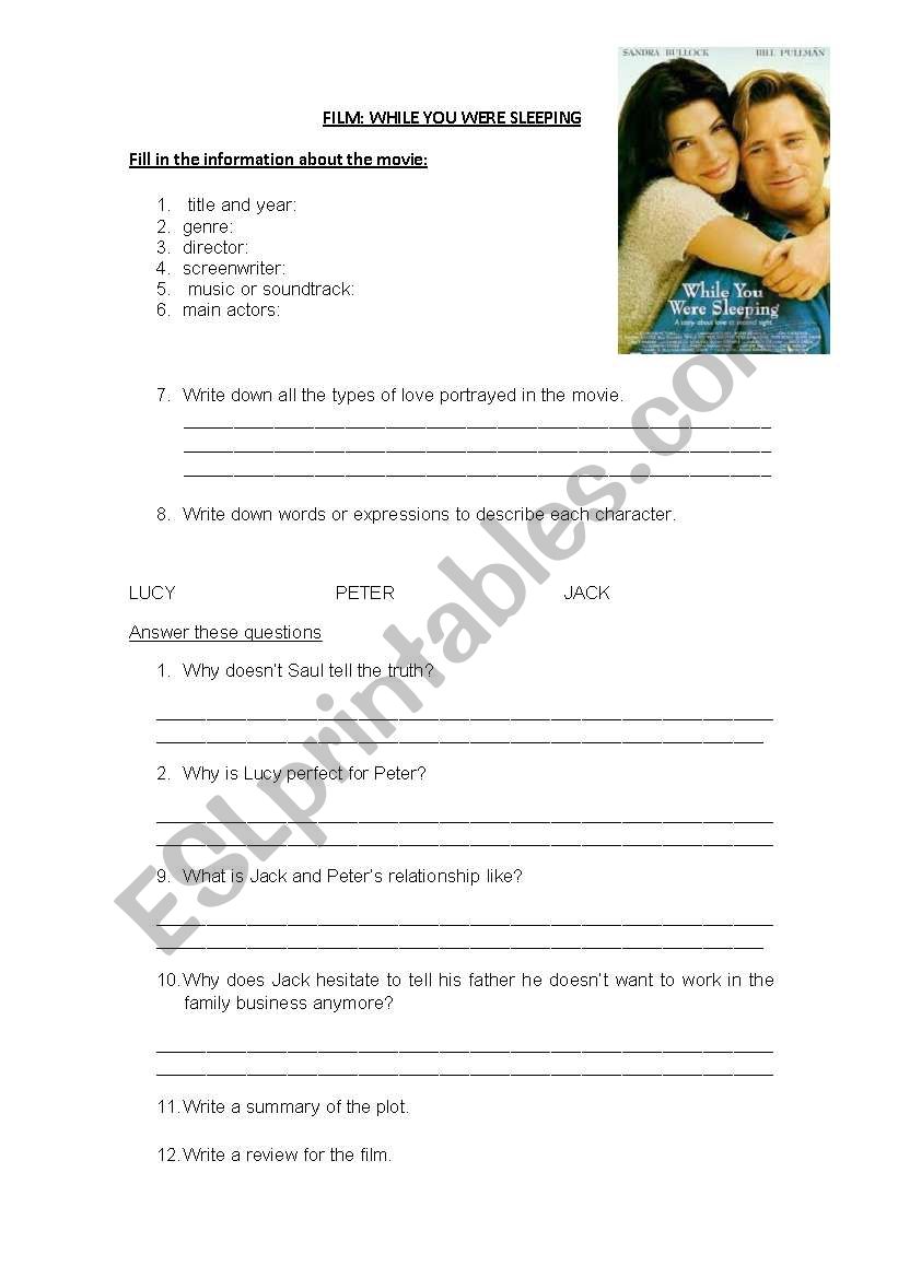 FILM : While you were sleeping worksheet