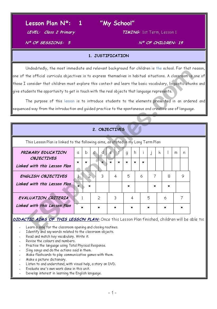 LESSON PLAN THE SCHOOL worksheet