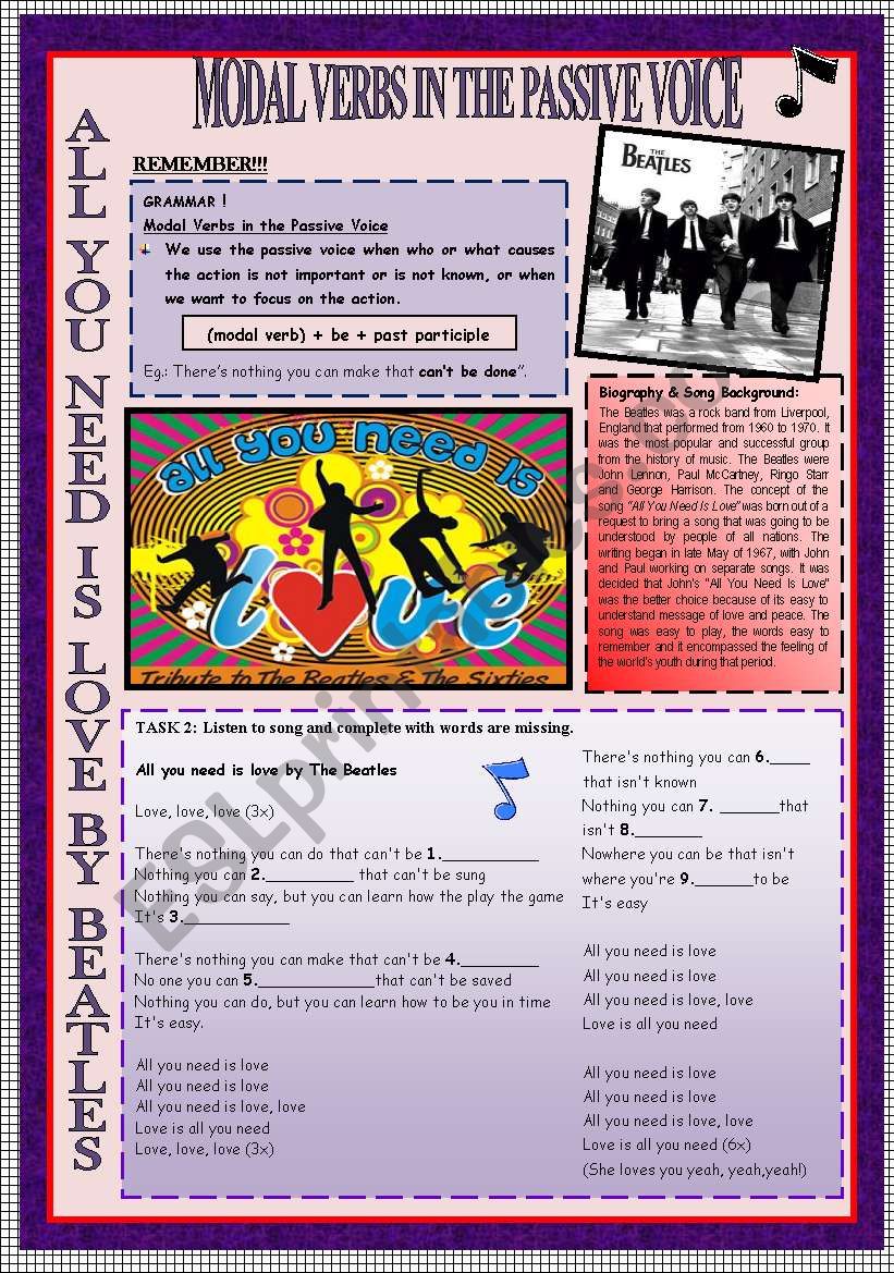 MODAL VERBS IN THE PASSIVE VOICE & SPEAKING & ROLE-PLAY THROUGH THE BEATLESÂ´S SONG + KEY INCLUDED.