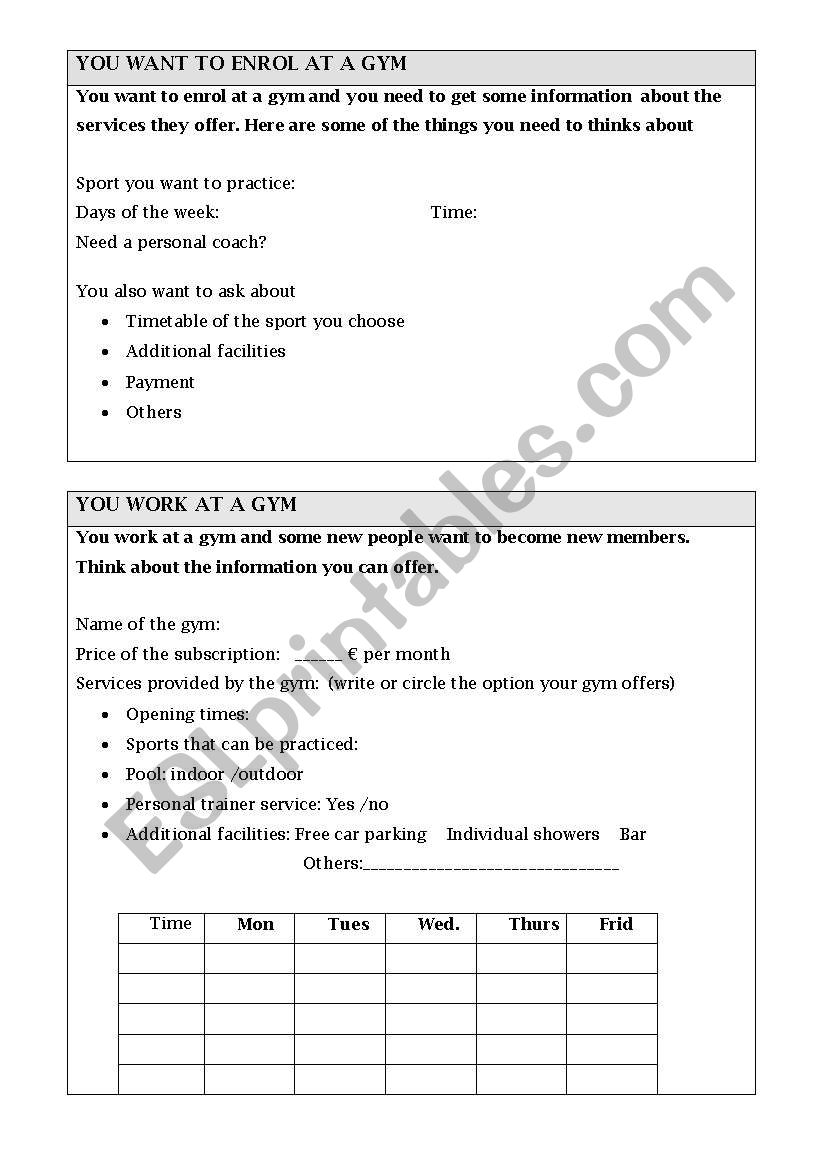 Gym role play worksheet