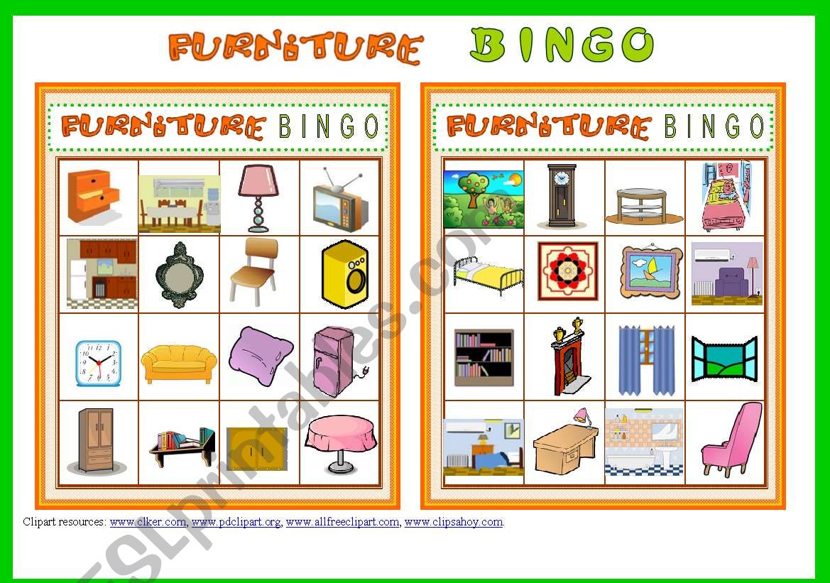 FURNITURE BINGO Game # 10 cards # Vocabulary ist # Bingo Instructions #  fully editable