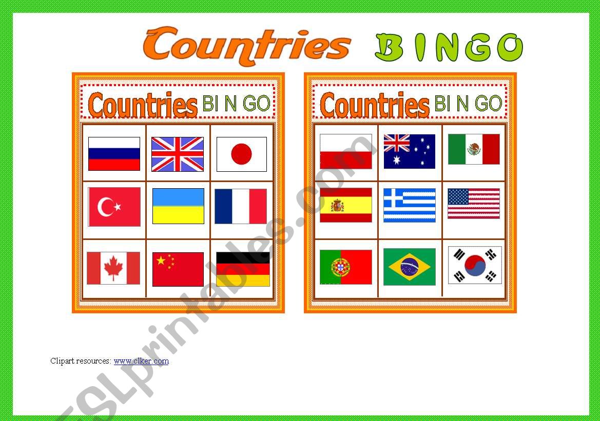 Contries BINGO Game # 10 cards # Vocabulary list # Bingo Instructions # B/W Bingo # fully editable