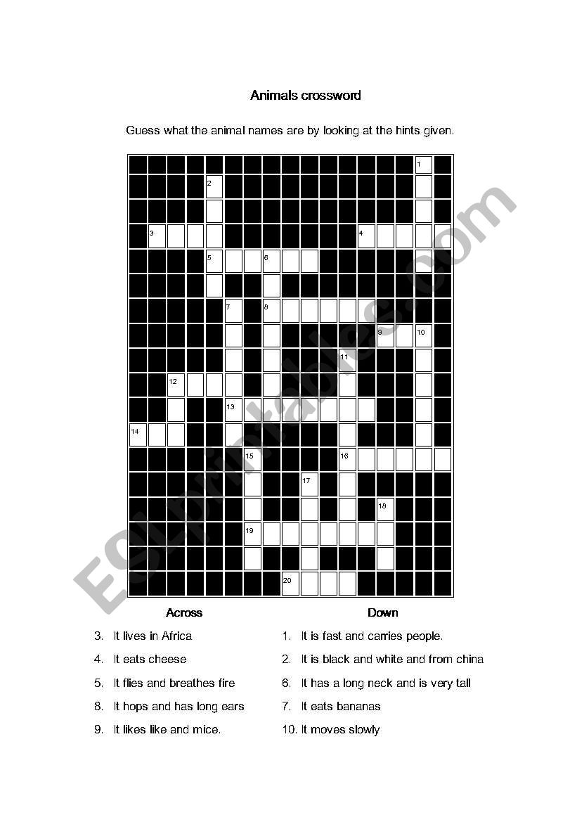 Animal crossword worksheet