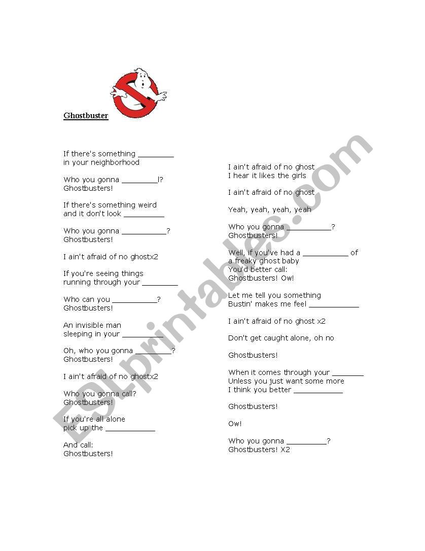 Gostbuster song worksheet