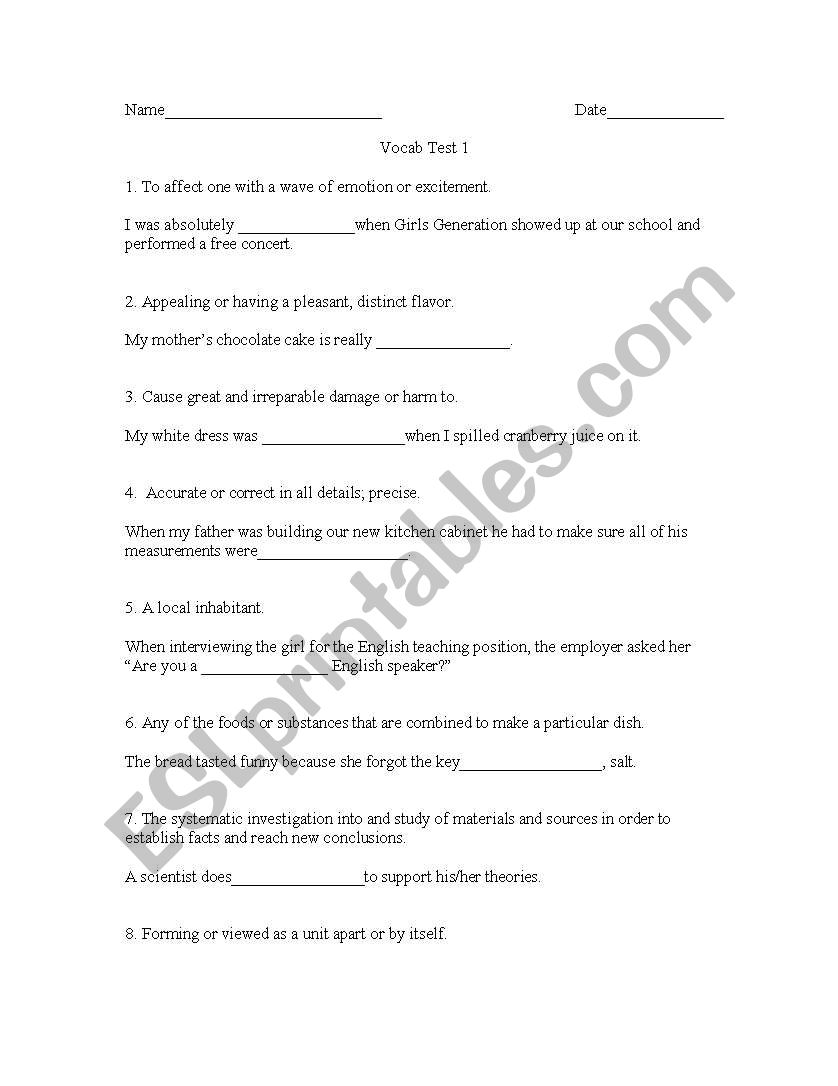 4th Grade Vocabulary Exercise Worksheet