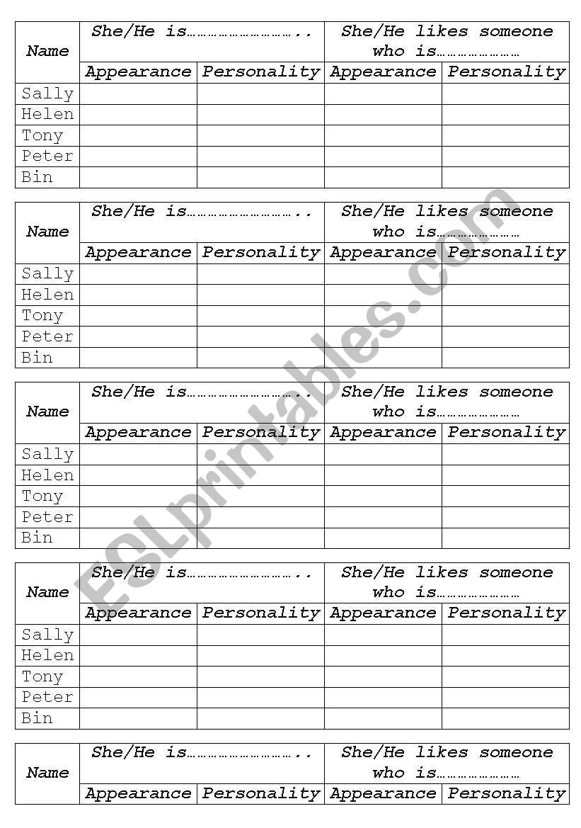 Appearance and Personality worksheet