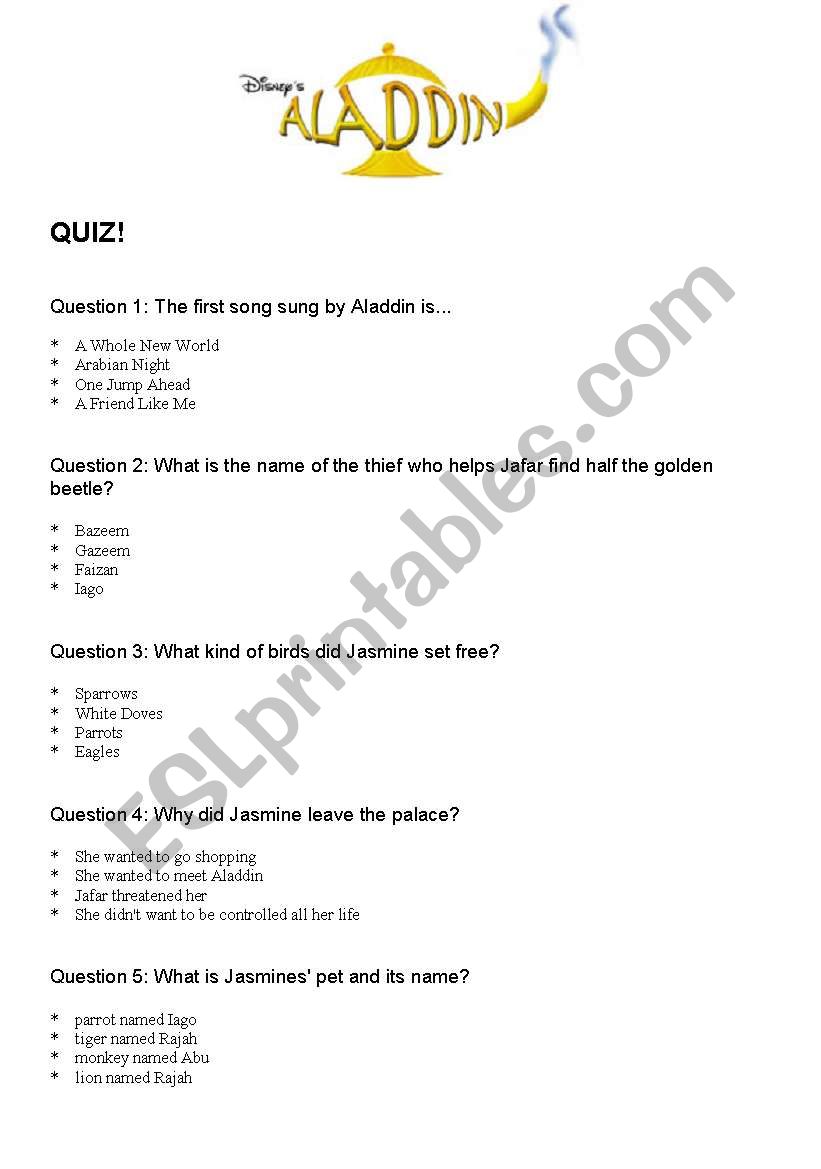 Aladdin Quiz worksheet