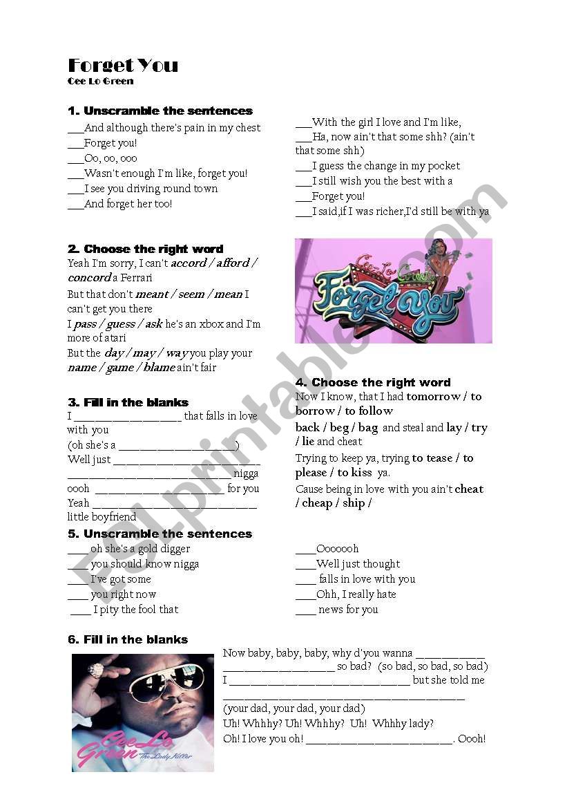 Forget  you, by Cee Lo Green  worksheet