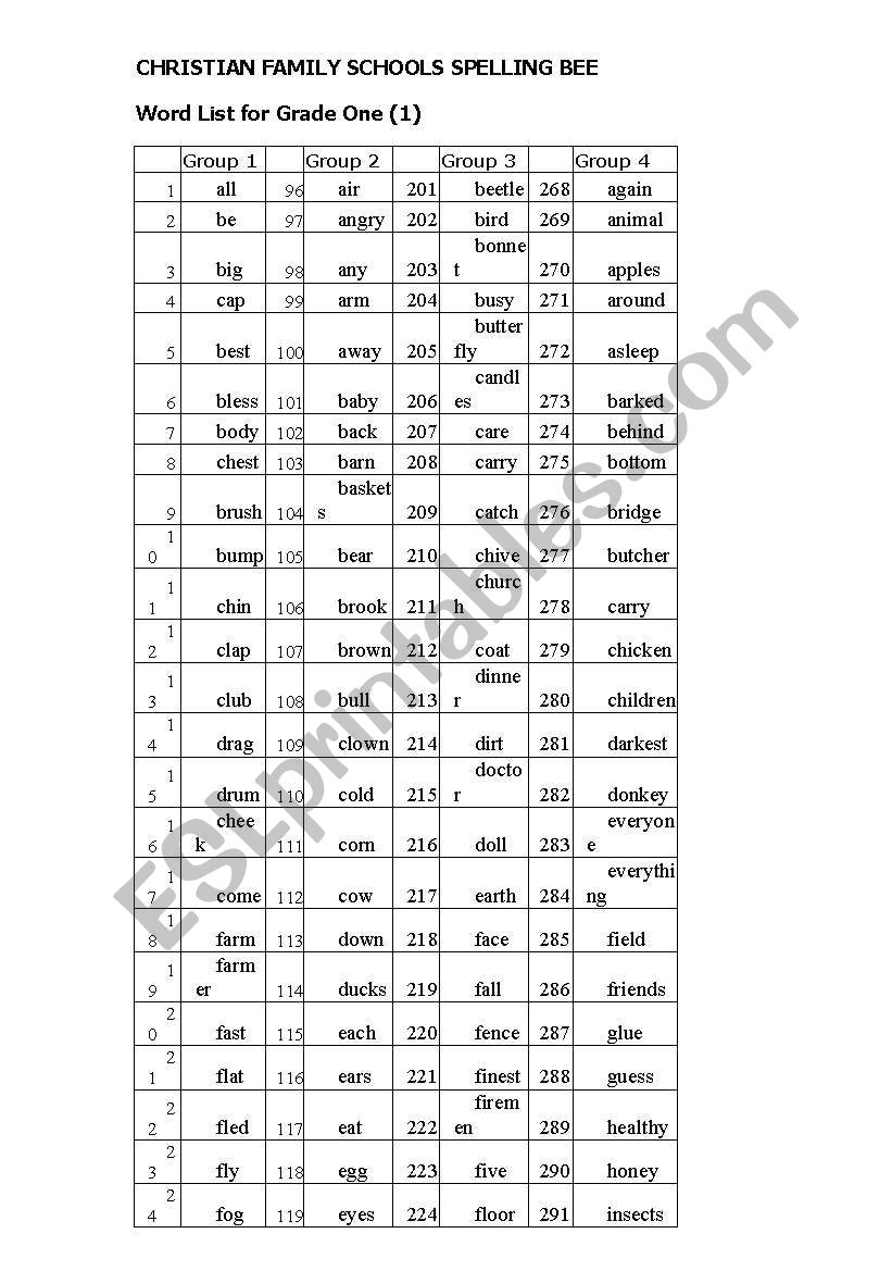 English primary Spelling Bee worksheet