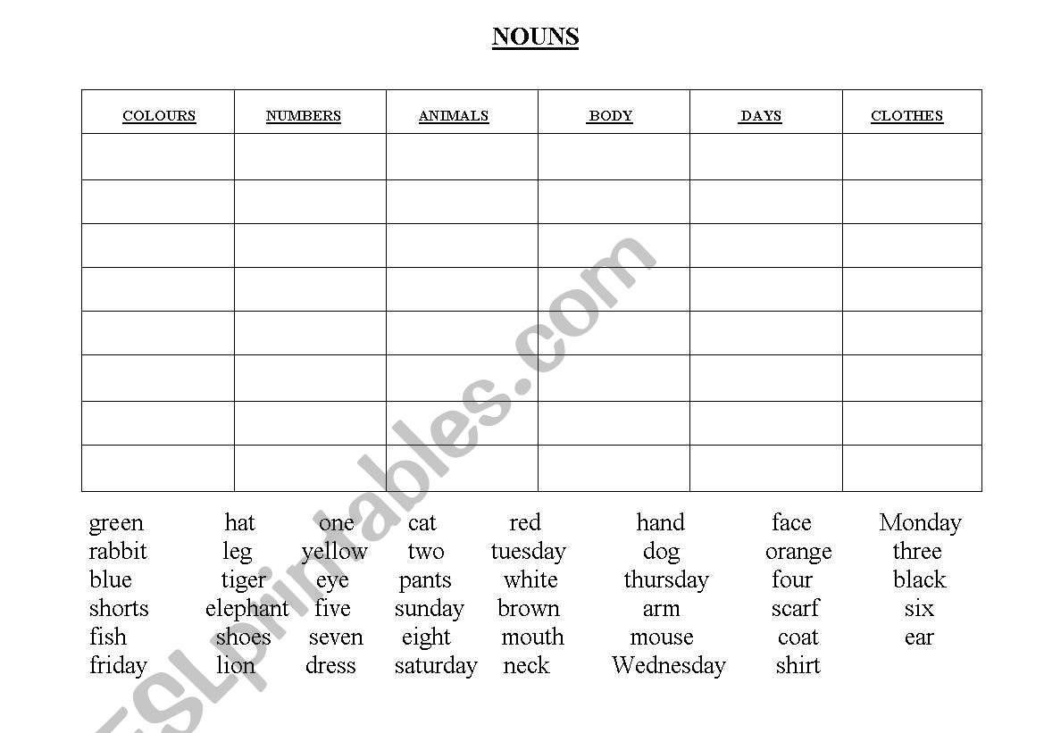 Nouns Table worksheet