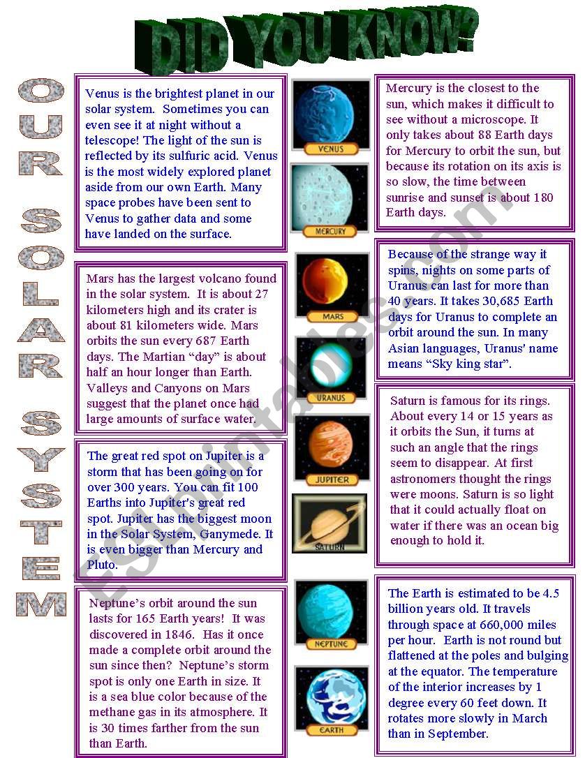 Our Solar System worksheet