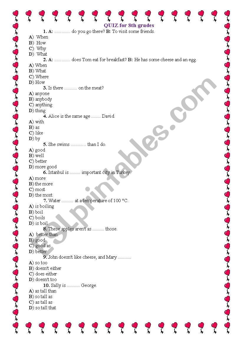 Quiz for 8th graders worksheet