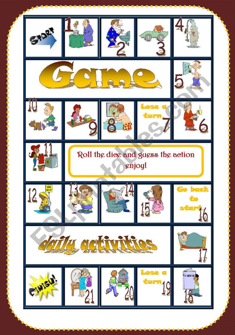 Daily Activities Board Game - ESL worksheet by petili