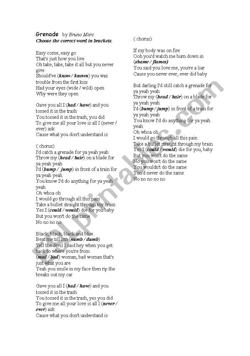 Grenade - Bruno Mars worksheet