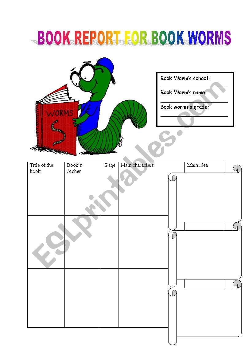 BOOK REPORT FOR BOOK WORMS worksheet