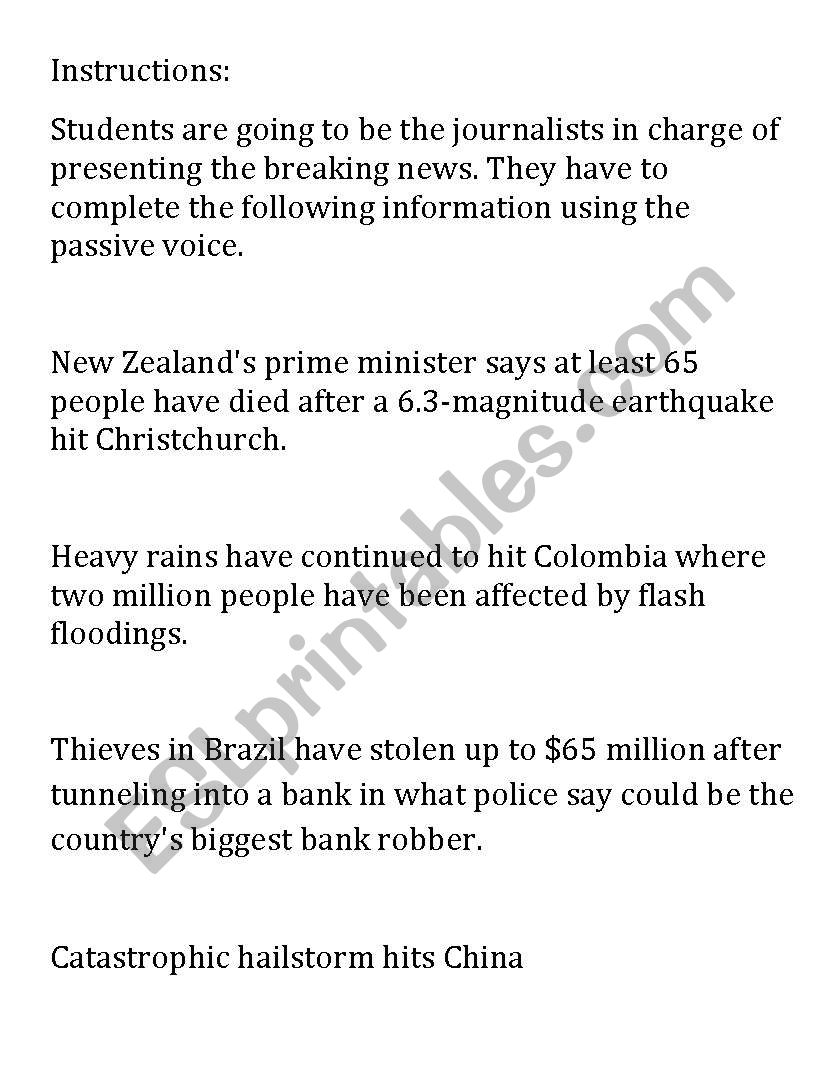 Natural Disasters news worksheet