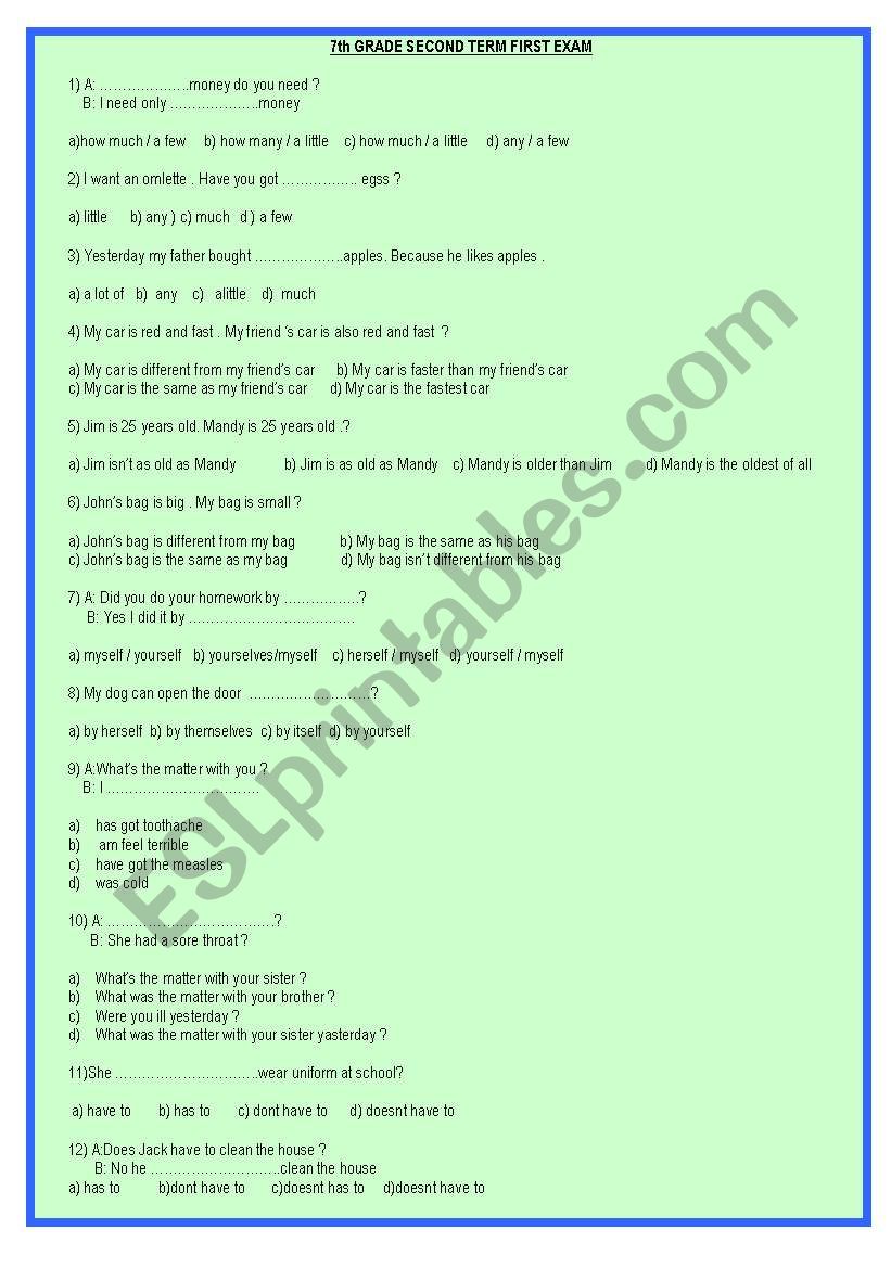 multiple choise worksheet