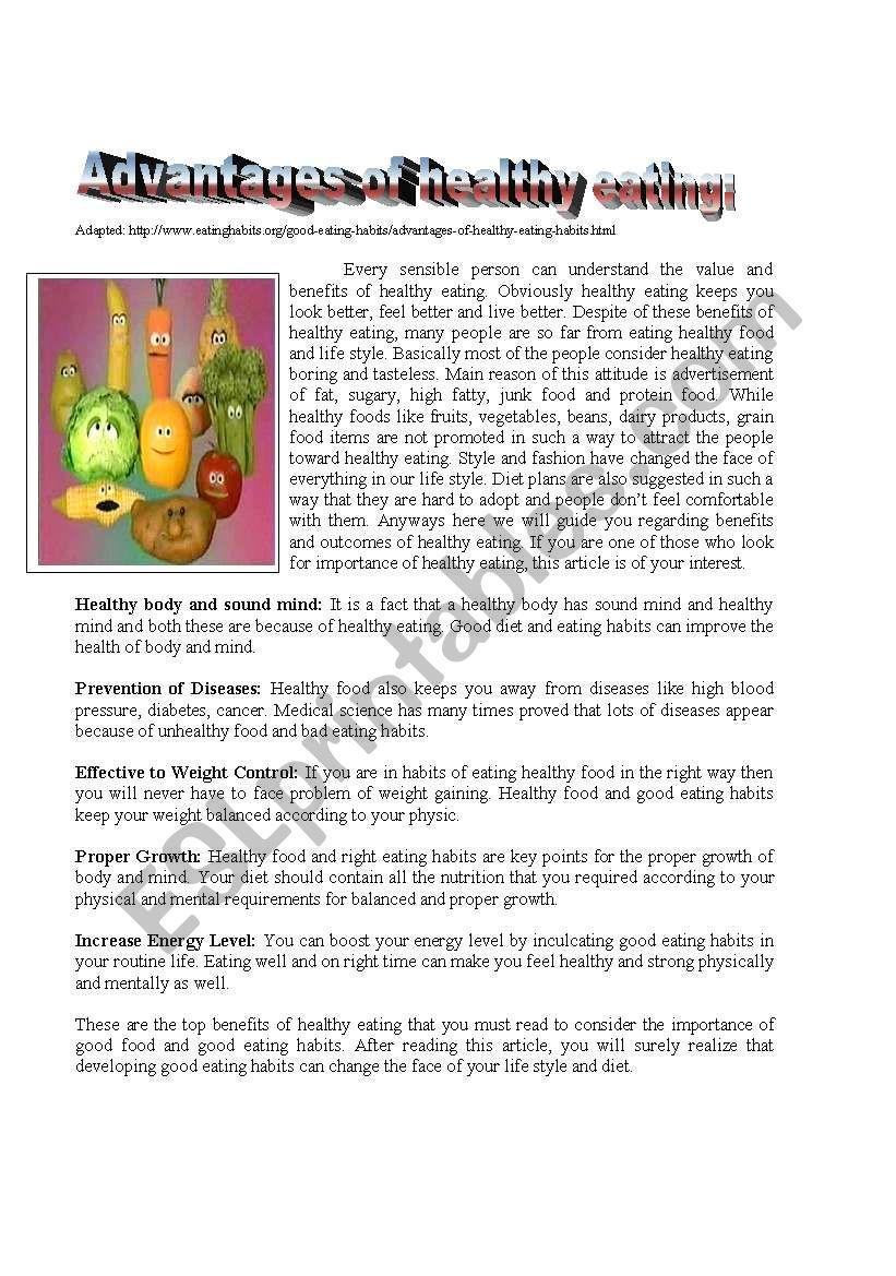 Advantages of healthy eating  worksheet