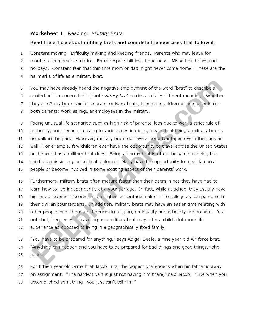 Military Brats worksheet