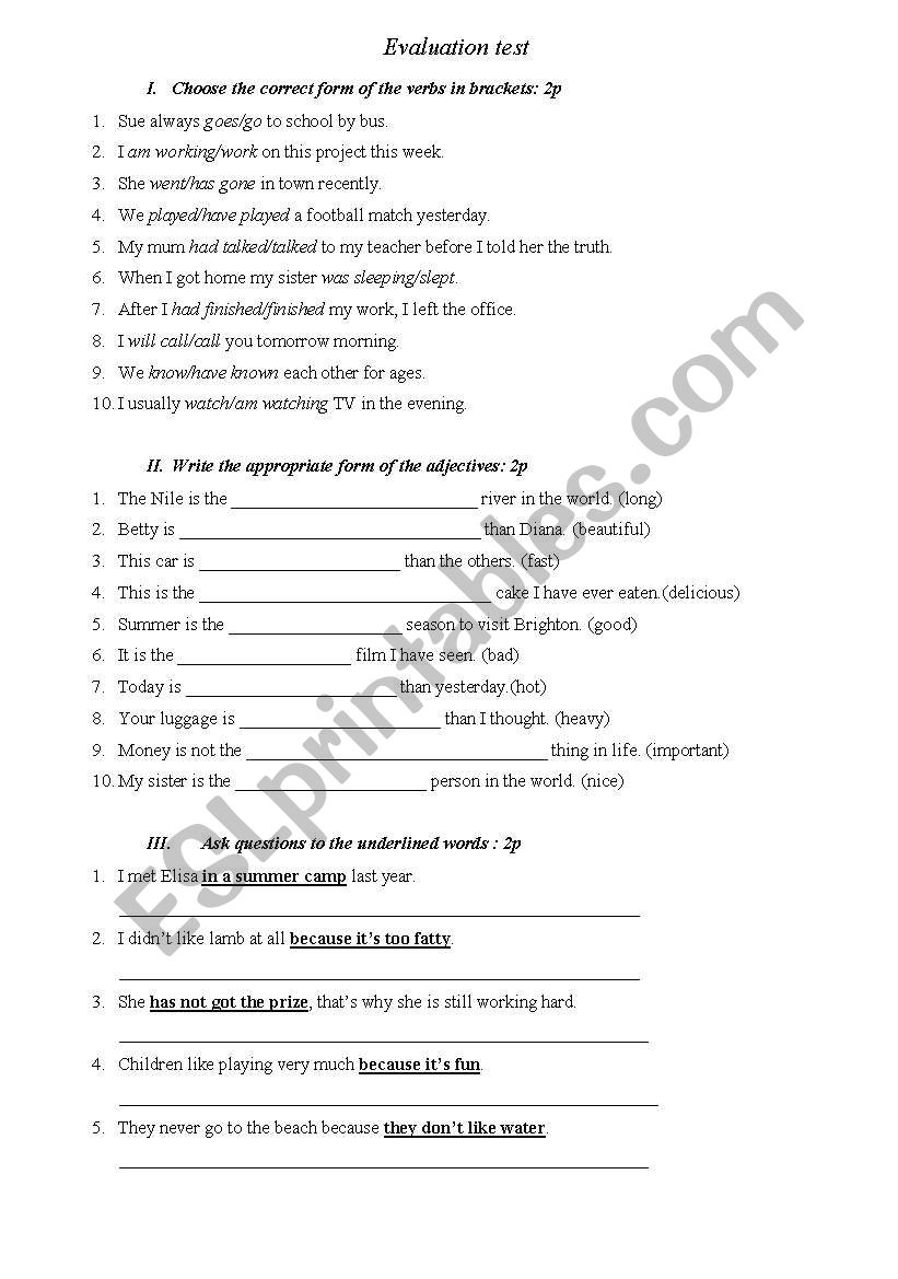 evaluation test worksheet