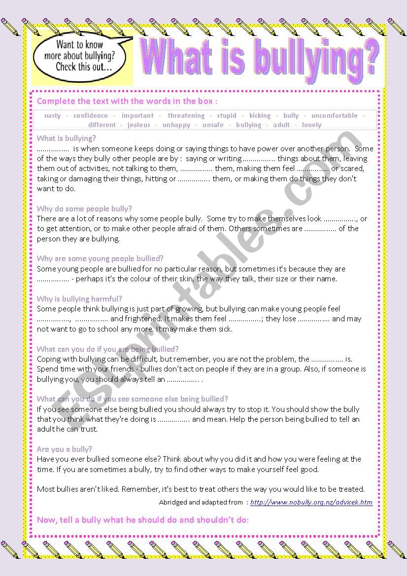 What is bullying (CLOZE) worksheet