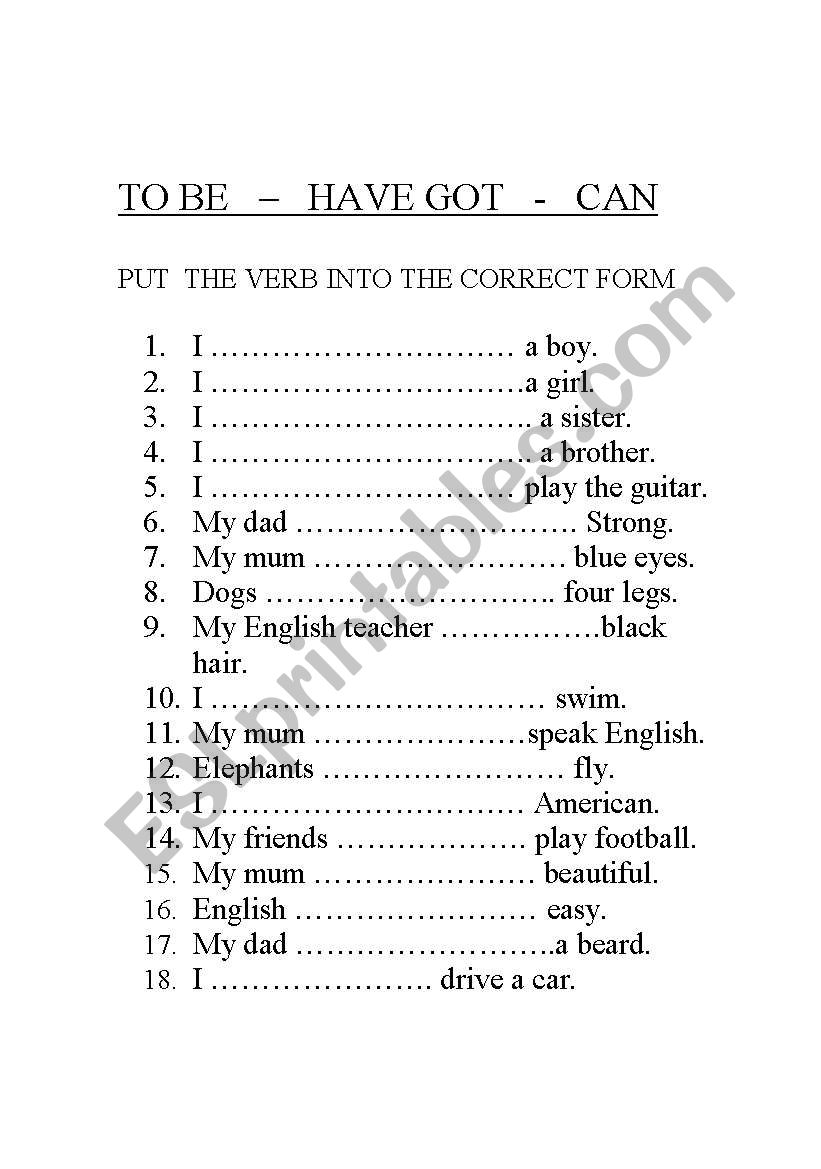 to be - have got - can worksheet