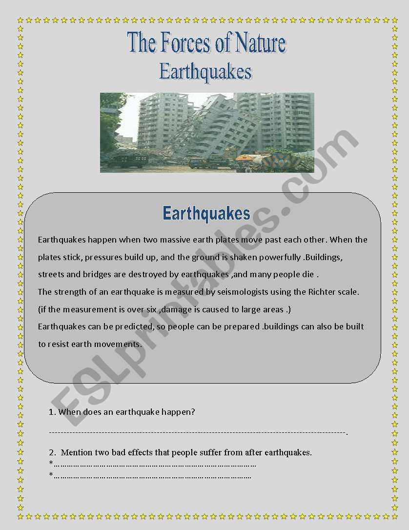 Earthquakes worksheet