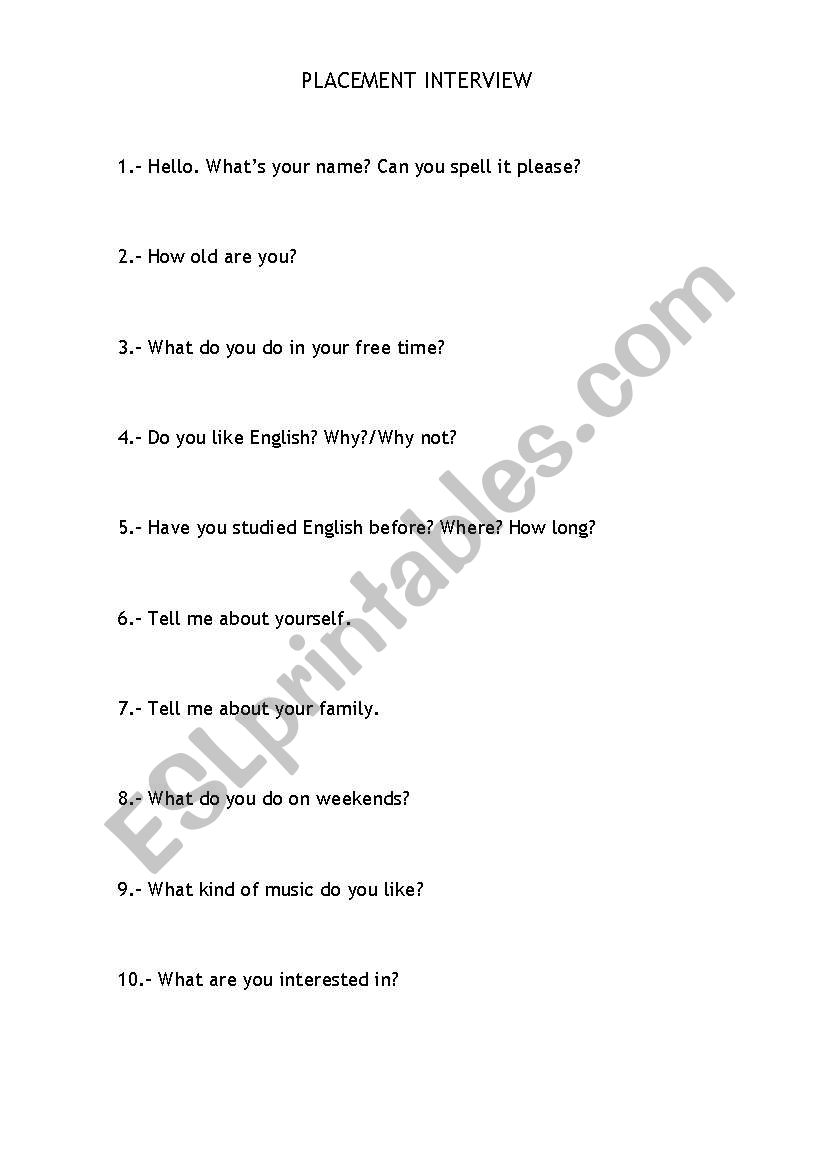 Placement Interview worksheet
