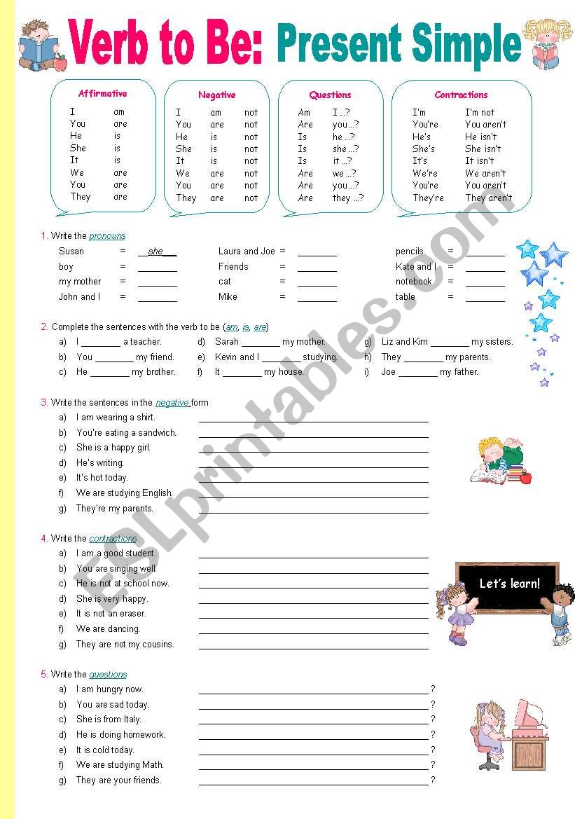 verb to be present simple esl worksheet by teacherosane