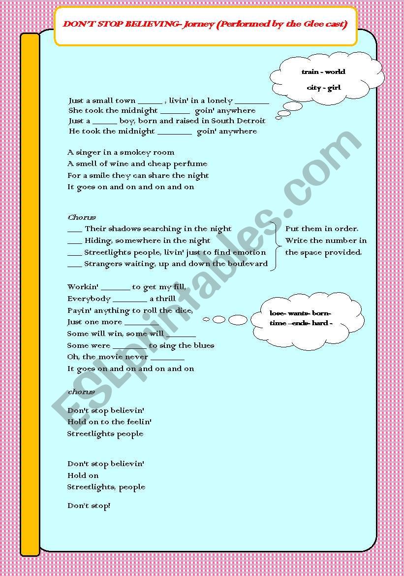 song- Dont stop believing worksheet