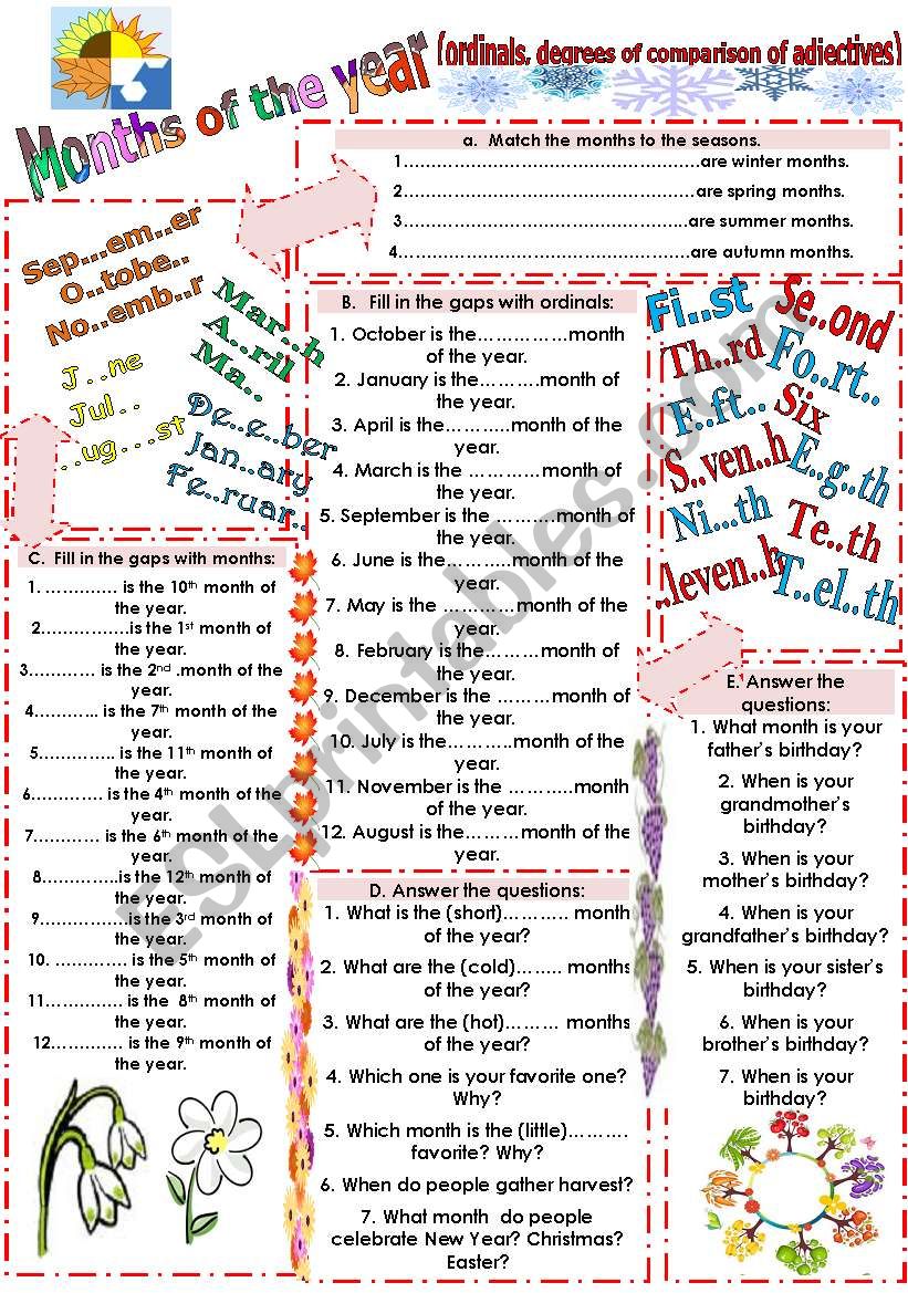 Months+ordinals+adjectives worksheet