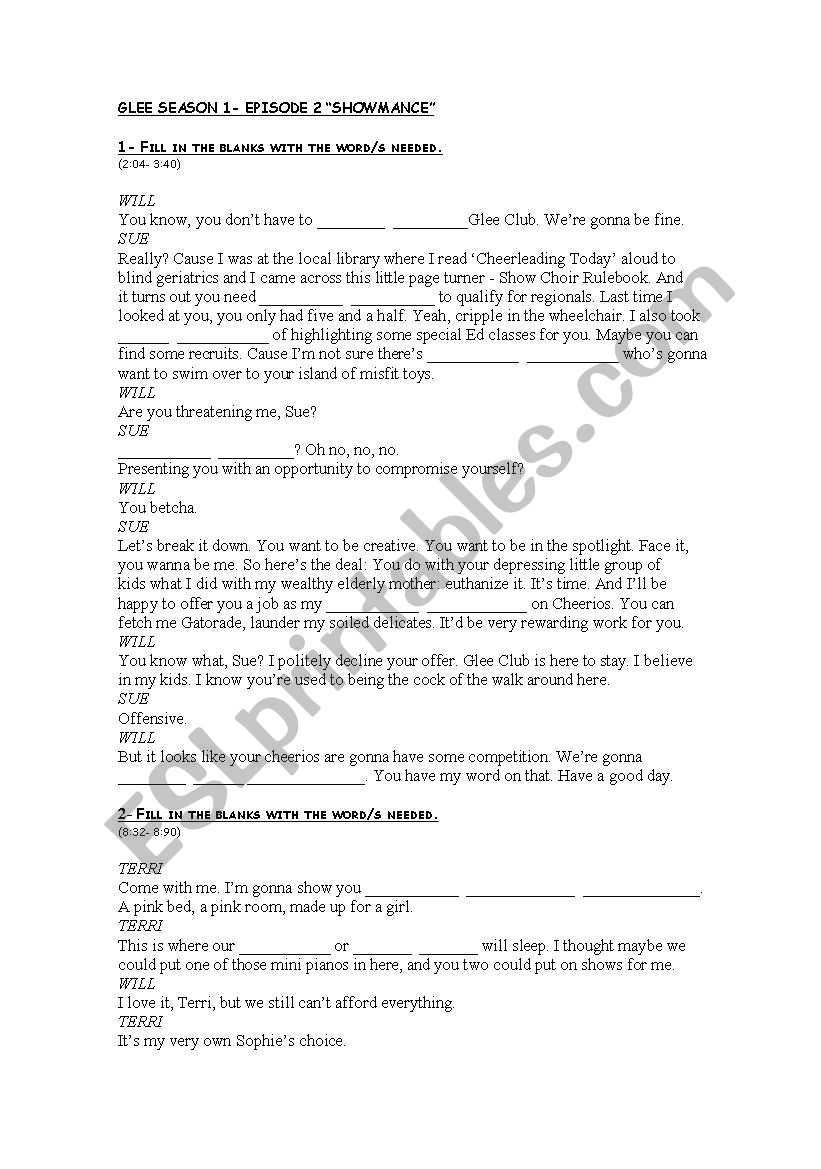 Glee Season 1- Episode 2 worksheet