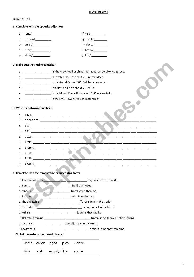 revision for SKY II worksheet