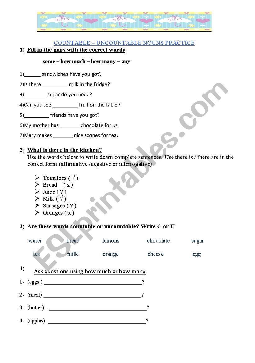 COUNTABLE UNCOUNTABLE NOUNS SOME ANY PRACTICE