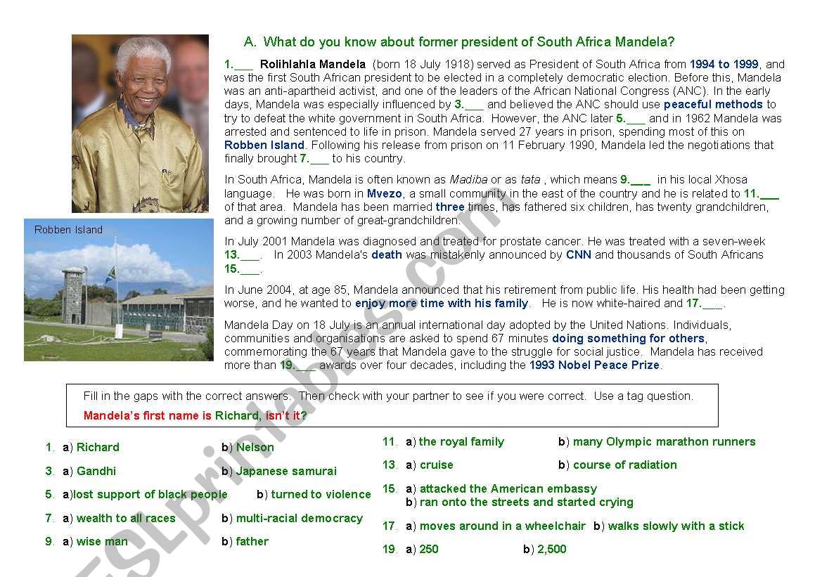 Nelson Mandela pairwork worksheet