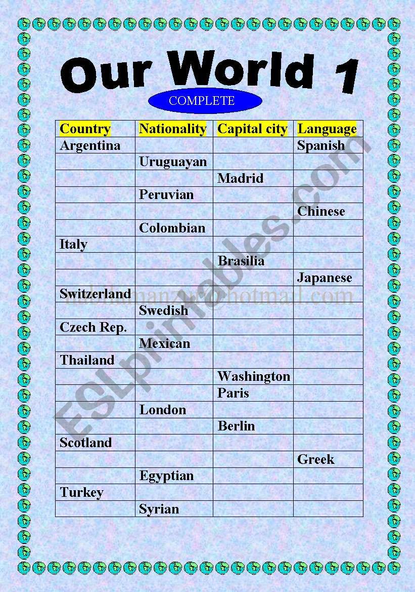 our world 1 worksheet